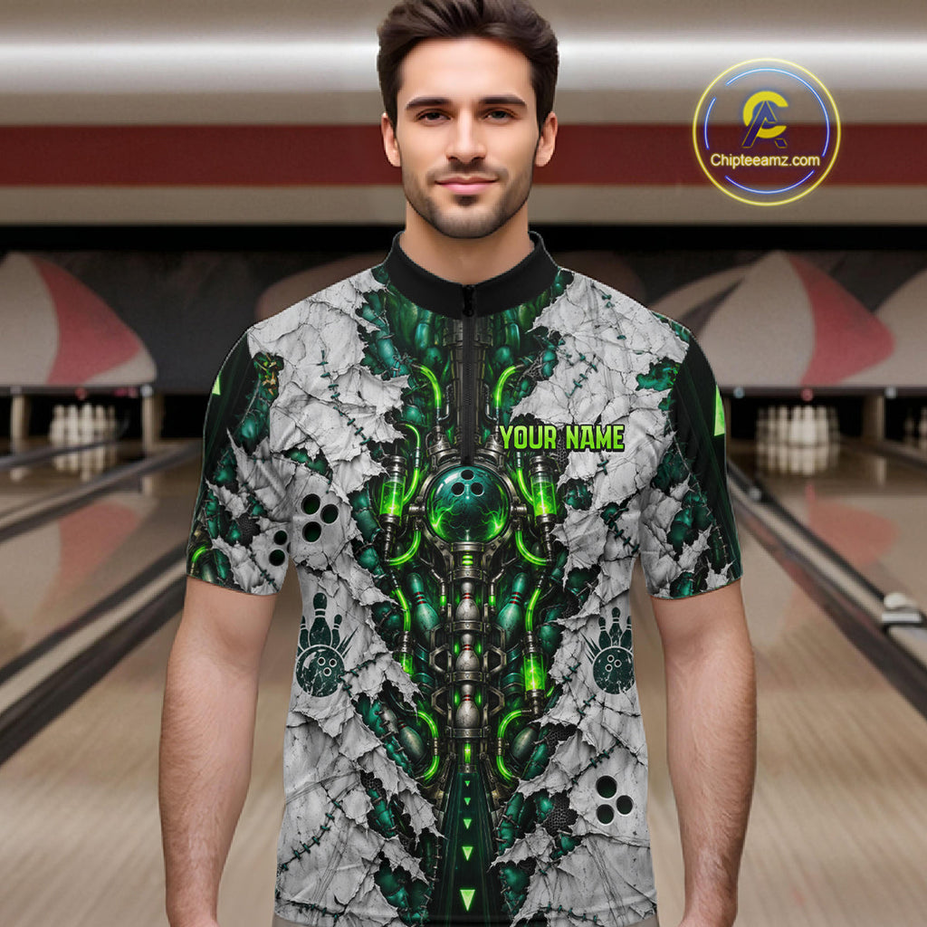 Green Biomechanical Bowling Ball Pins Polo Shirt Custom Sci-Fi Team Tournament Jersey