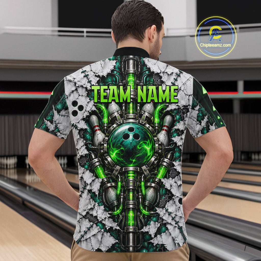 Green Biomechanical Bowling Ball Pins Polo Shirt Custom Sci-Fi Team Tournament Jersey