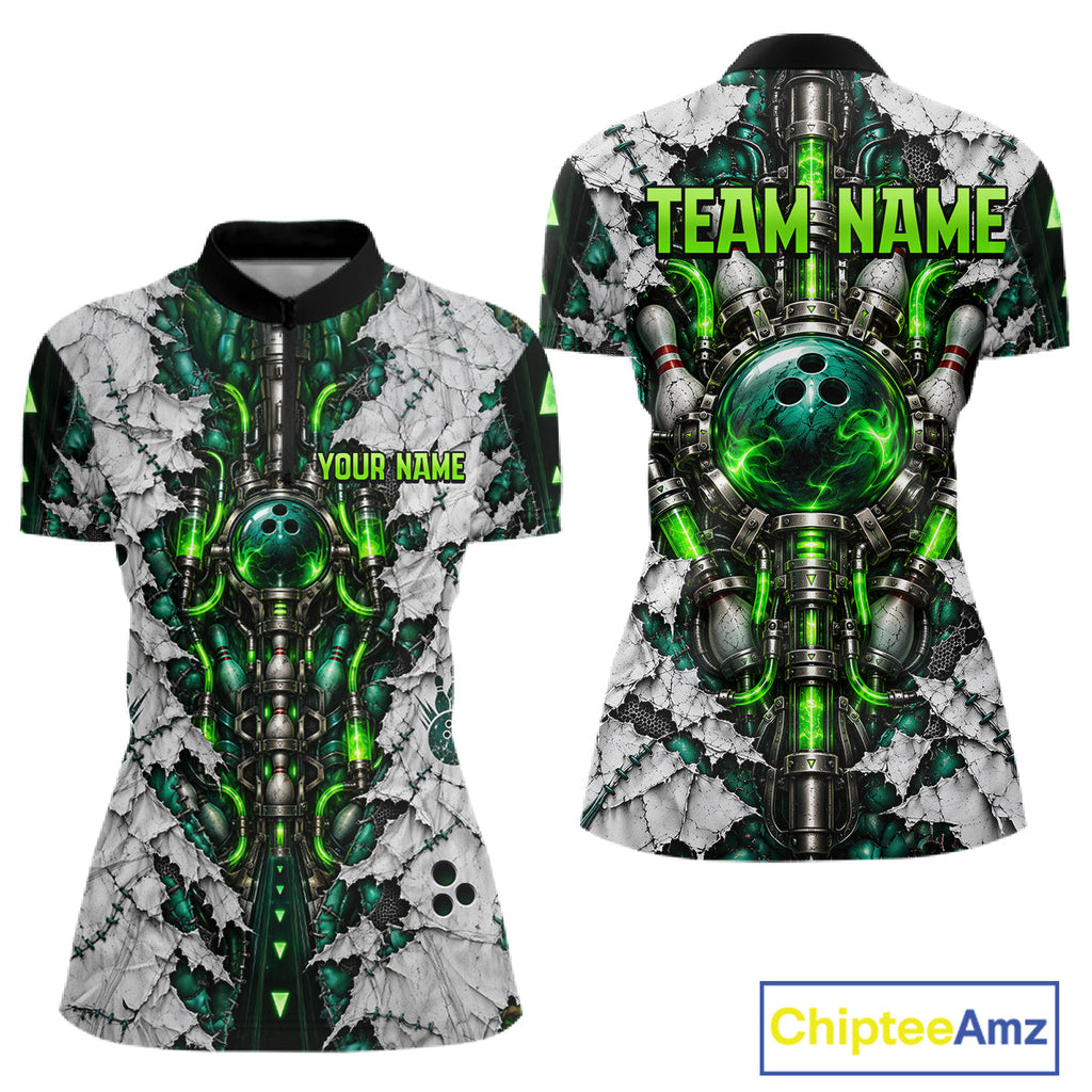 Green Biomechanical Bowling Ball Pins Polo Shirt Custom Sci-Fi Team Tournament Jersey