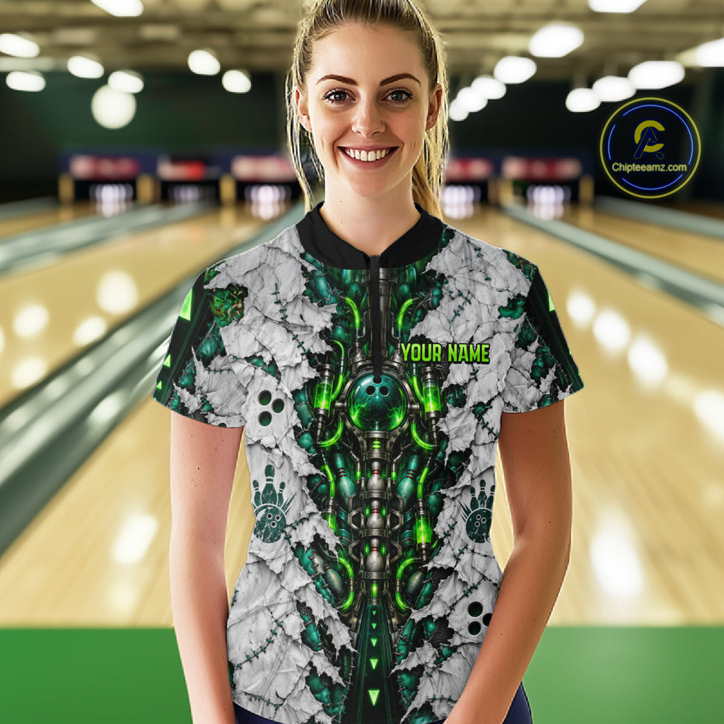 Green Biomechanical Bowling Ball Pins Polo Shirt Custom Sci-Fi Team Tournament Jersey