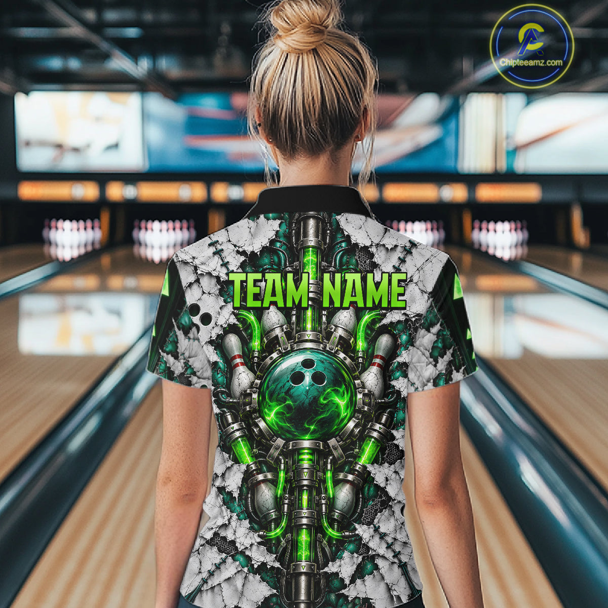 Green Biomechanical Bowling Ball Pins Polo Shirt Custom Sci-Fi Team Tournament Jersey