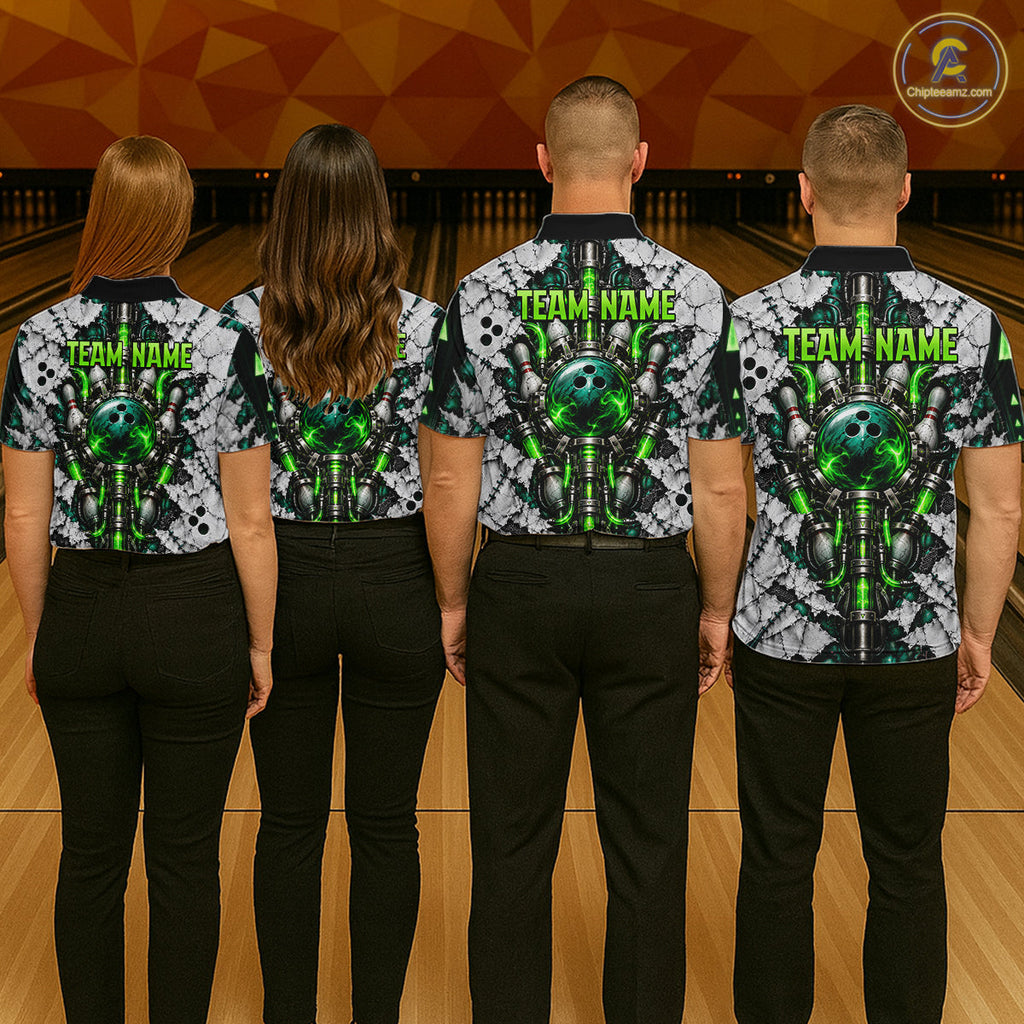 Green Biomechanical Bowling Ball Pins Polo Shirt Custom Sci-Fi Team Tournament Jersey