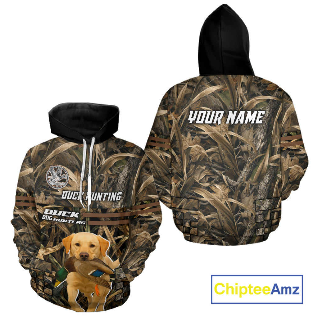 Yellow Lab 3D Shirt Retrieving Mallard Duck, Custom Name Duck Hunting Clothes
