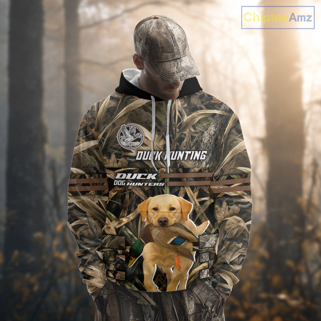 Yellow Lab 3D Shirt Retrieving Mallard Duck, Custom Name Duck Hunting Clothes