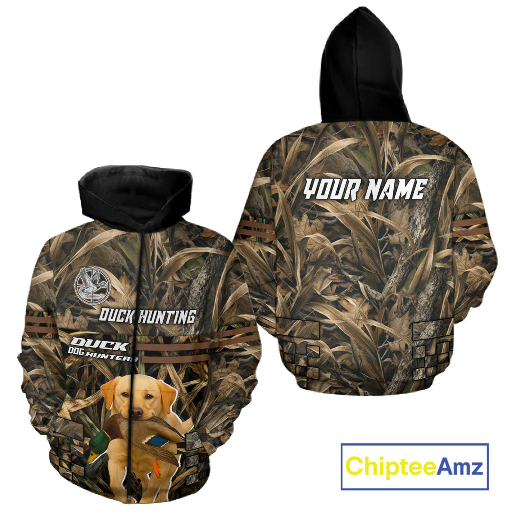 Yellow Lab 3D Shirt Retrieving Mallard Duck, Custom Name Duck Hunting Clothes