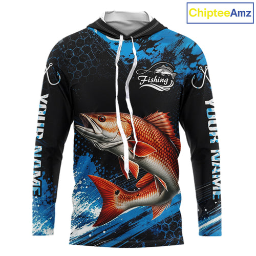 Custom Redfish Fishing Jersey, Personalized Team Name Long Sleeve Hooded Performance Fishing Shirt