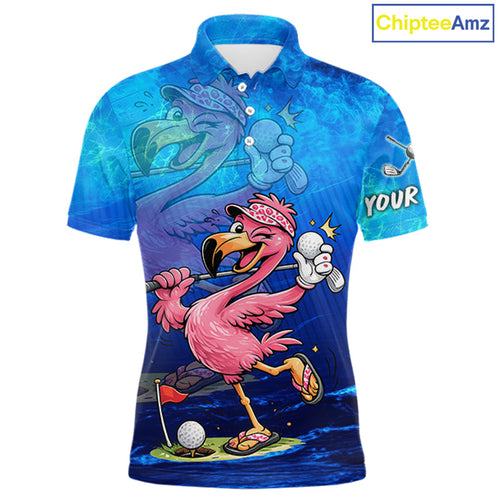 Personalized Flamingo Golf Polo Shirt Custom Name And Team Royal Blue Funny Ocean Tropical Golf Outfit