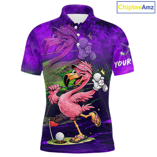 Personalized Flamingo Golf Polo Shirt Custom Name And Team Purple Funny Tropical Golf Outfit