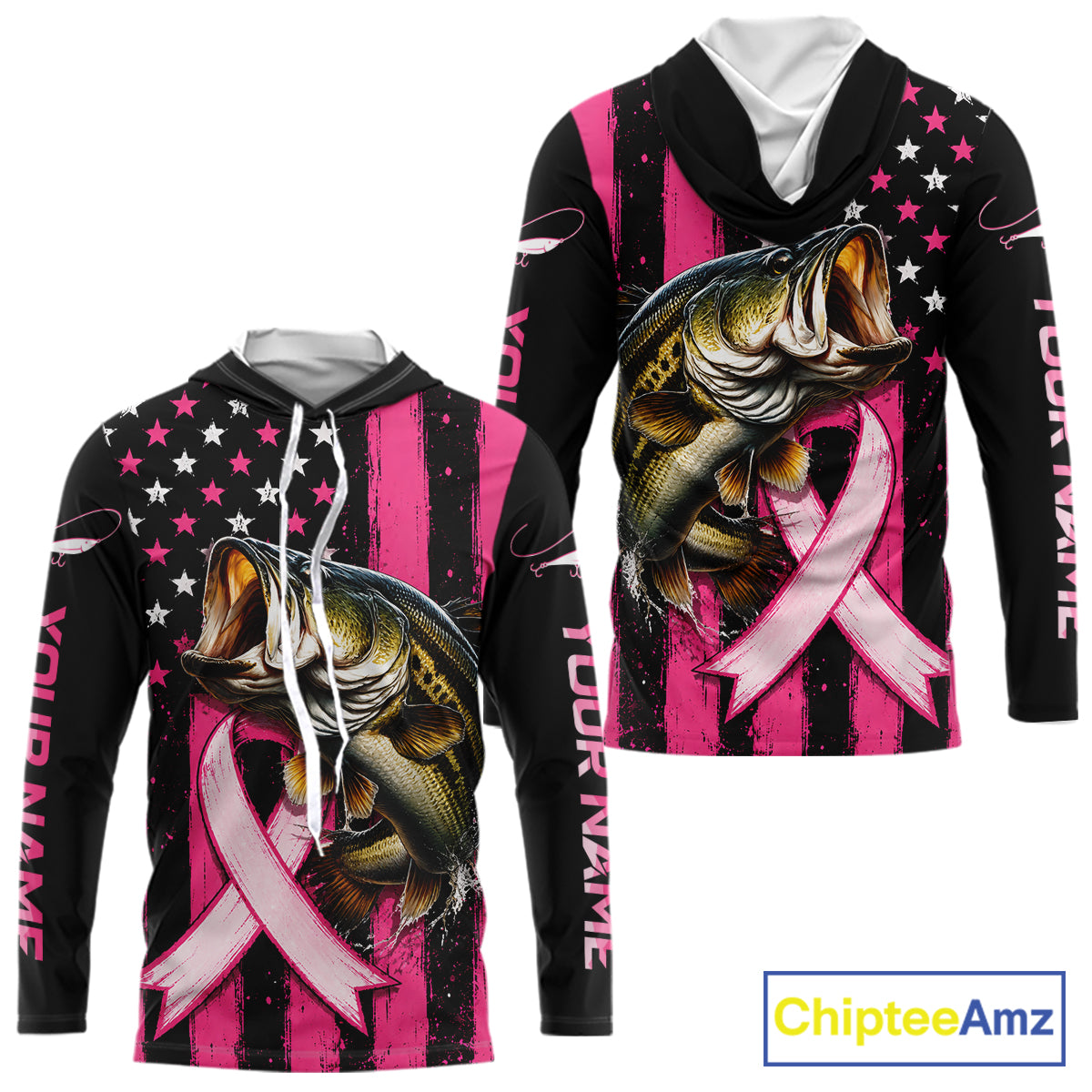 Breast Cancer Bass Hooded Fishing Shirt Custom Name UV Protection Long Sleeve Personalized Gift