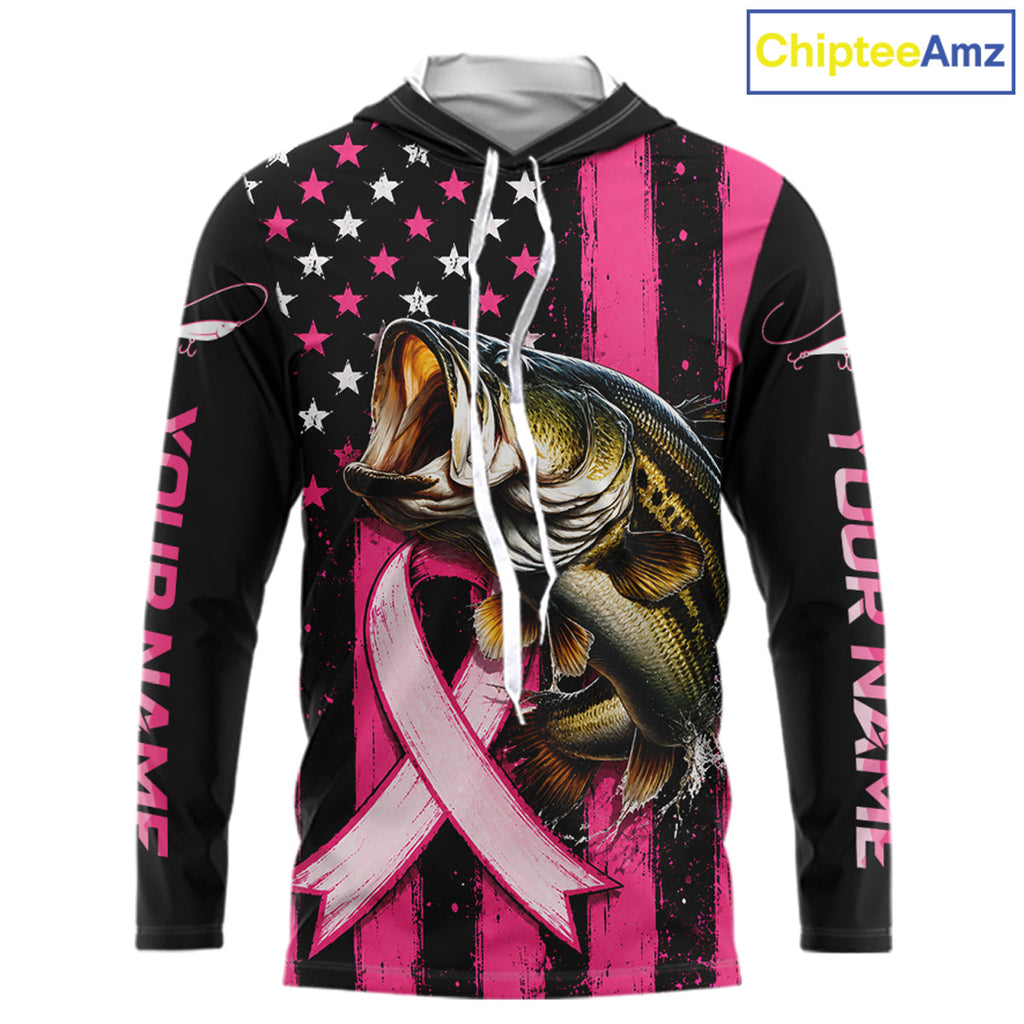 Breast Cancer Bass Hooded Fishing Shirt Custom Name UV Protection Long Sleeve Personalized Gift