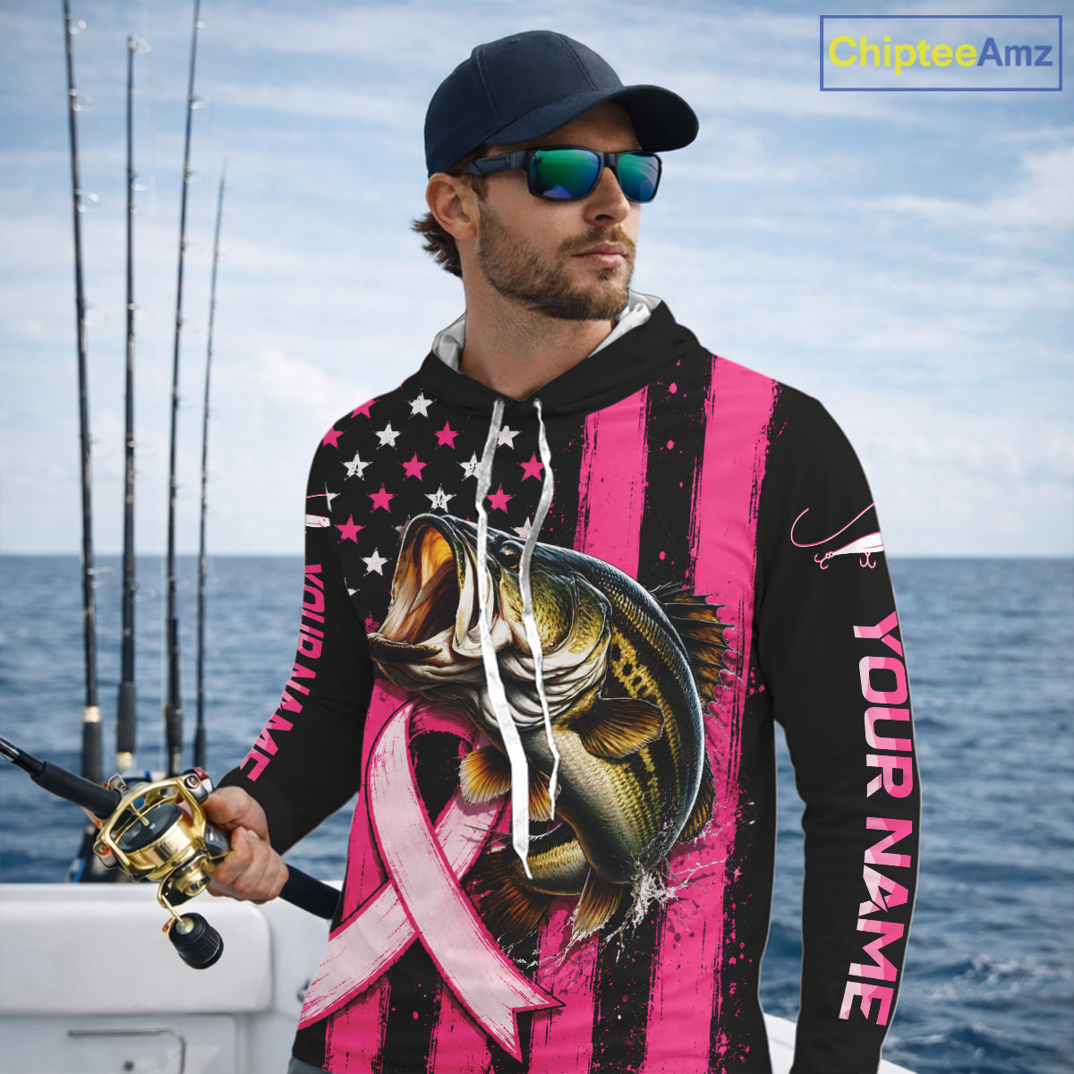 Breast Cancer Bass Hooded Fishing Shirt Custom Name UV Protection Long Sleeve Personalized Gift