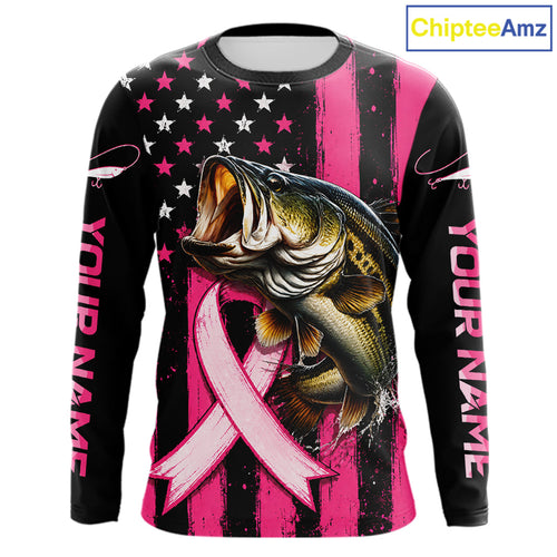Breast Cancer Bass Fishing Shirt Custom Name UV Protection Long Sleeve Personalized Gift