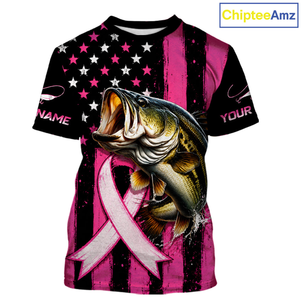 Breast Cancer Bass Fishing T-Shirt Custom Name UV Protection Long Sleeve Personalized Gift