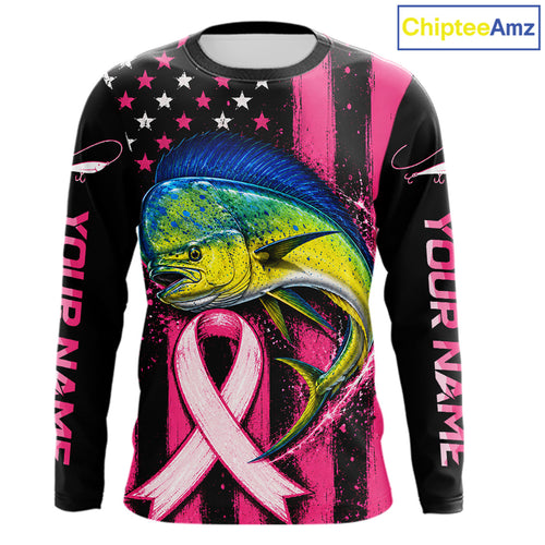 Breast Cancer Mahi Mahi Fishing Shirt Custom Name UV Protection Long Sleeve Personalized Gift