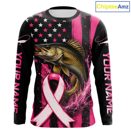 Breast Cancer Walleye Fishing Shirt Custom Name UV Protection Long Sleeve Personalized Gift