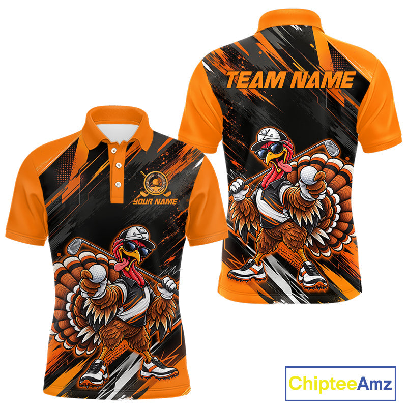 Custom Turkey Golf Polo Shirt, Funny Thanksgiving Golf Shirt, Orange Black Golf Team Apparel