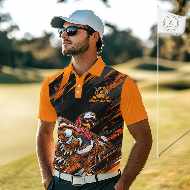 Custom Turkey Golf Polo Shirt, Funny Thanksgiving Golf Shirt, Orange Black Golf Team Apparel