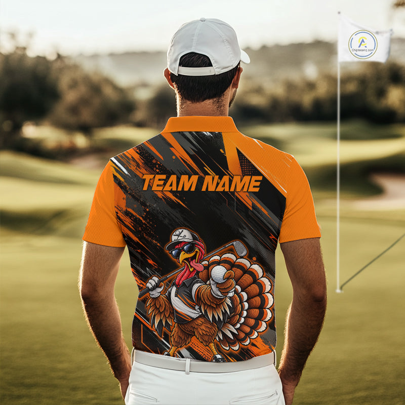 Custom Turkey Golf Polo Shirt, Funny Thanksgiving Golf Shirt, Orange Black Golf Team Apparel