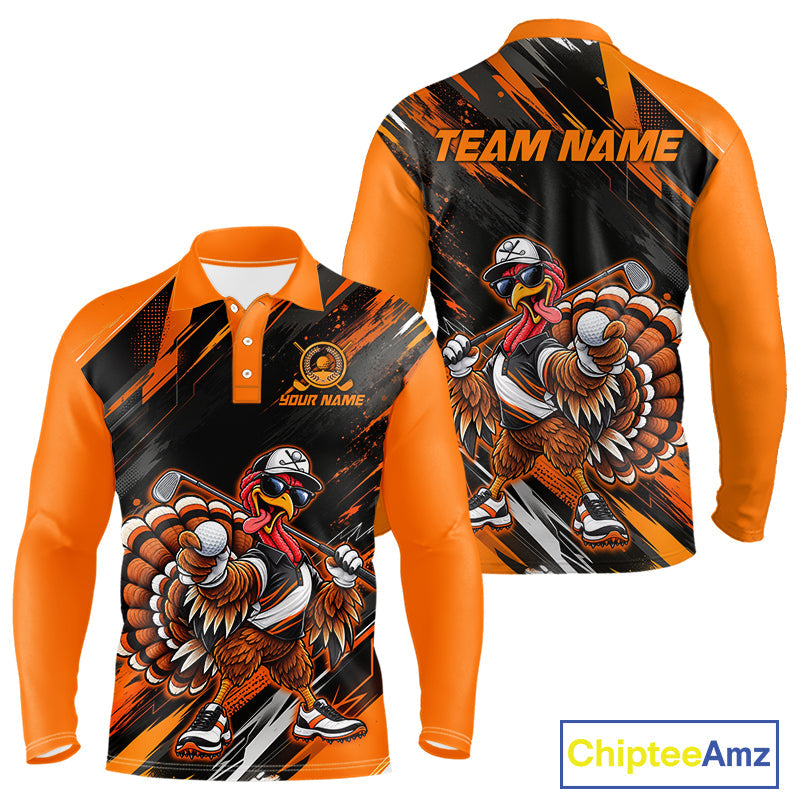 Custom Turkey Golf Polo Shirt, Funny Thanksgiving Golf Shirt, Orange Black Golf Team Apparel
