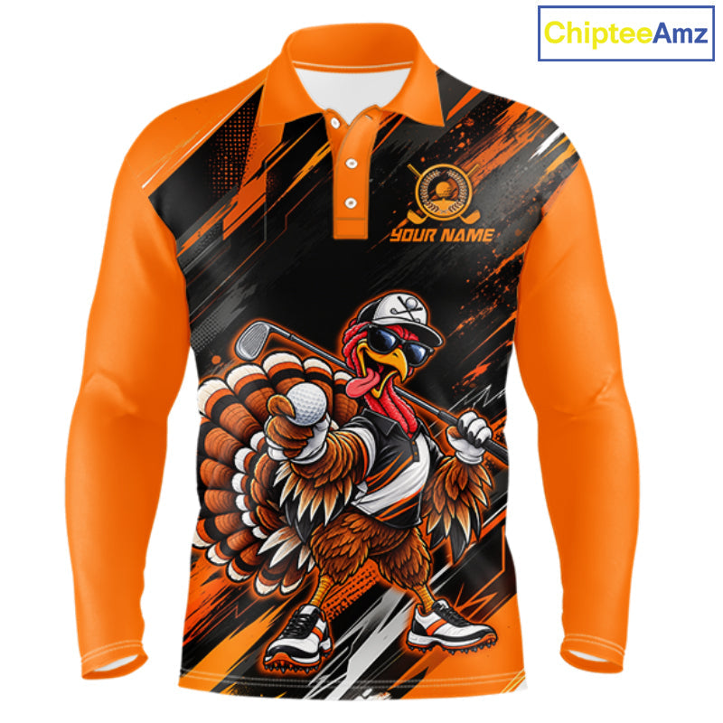 Custom Turkey Golf Polo Shirt, Funny Thanksgiving Golf Shirt, Orange Black Golf Team Apparel