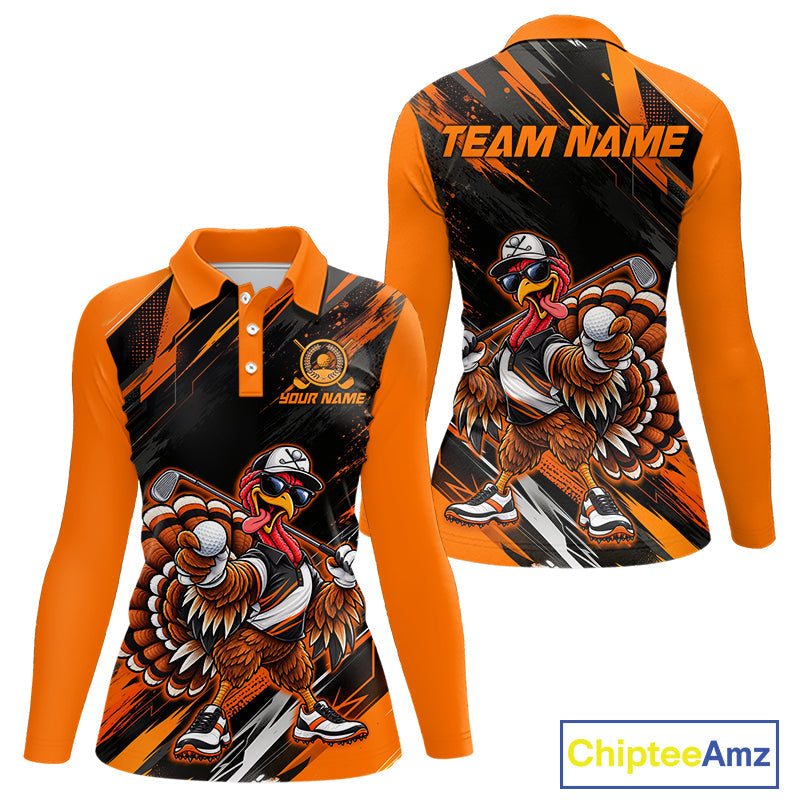 Custom Turkey Golf Polo Shirt, Funny Thanksgiving Golf Shirt, Orange Black Golf Team Apparel