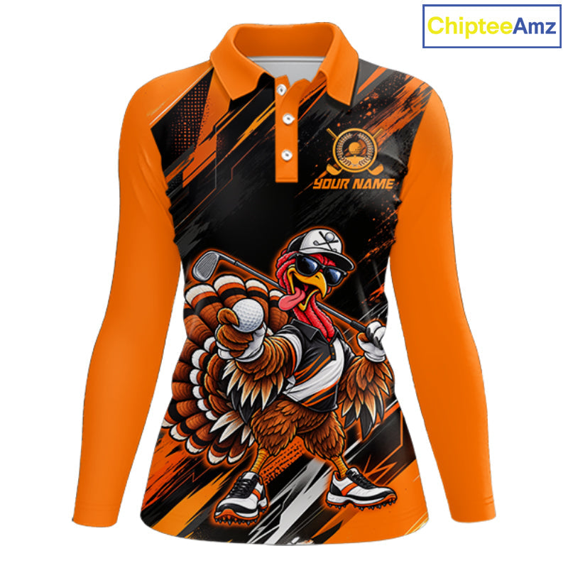 Custom Turkey Golf Polo Shirt, Funny Thanksgiving Golf Shirt, Orange Black Golf Team Apparel