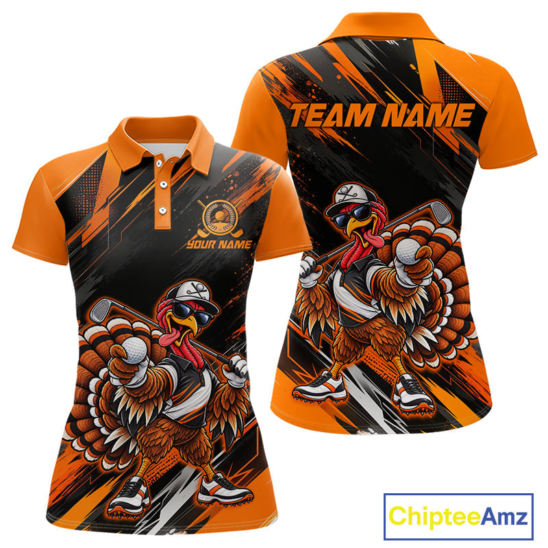 Custom Turkey Golf Polo Shirt, Funny Thanksgiving Golf Shirt, Orange Black Golf Team Apparel