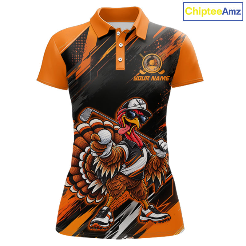 Custom Turkey Golf Polo Shirt, Funny Thanksgiving Golf Shirt, Orange Black Golf Team Apparel