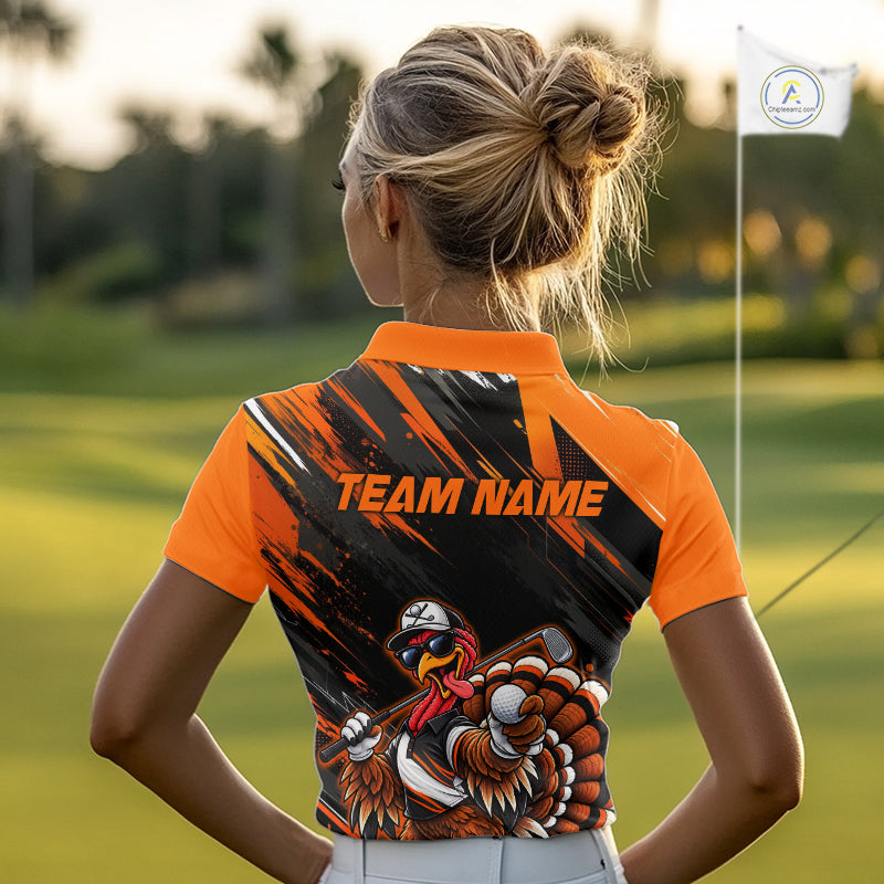Custom Turkey Golf Polo Shirt, Funny Thanksgiving Golf Shirt, Orange Black Golf Team Apparel