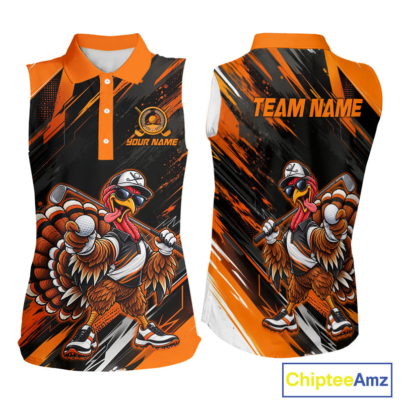 Custom Turkey Sleeveless Golf Polo Shirt, Funny Thanksgiving Golf Shirt, Orange Black Golf Team Apparel