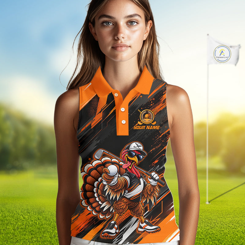 Custom Turkey Sleeveless Golf Polo Shirt, Funny Thanksgiving Golf Shirt, Orange Black Golf Team Apparel
