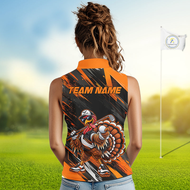 Custom Turkey Sleeveless Golf Polo Shirt, Funny Thanksgiving Golf Shirt, Orange Black Golf Team Apparel