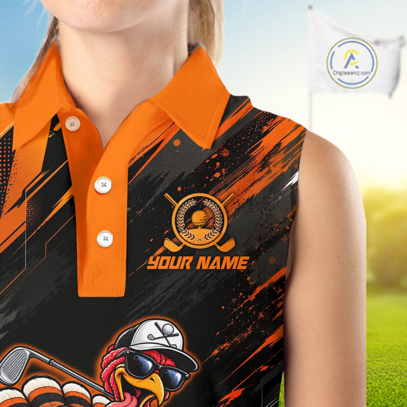 Custom Turkey Sleeveless Golf Polo Shirt, Funny Thanksgiving Golf Shirt, Orange Black Golf Team Apparel