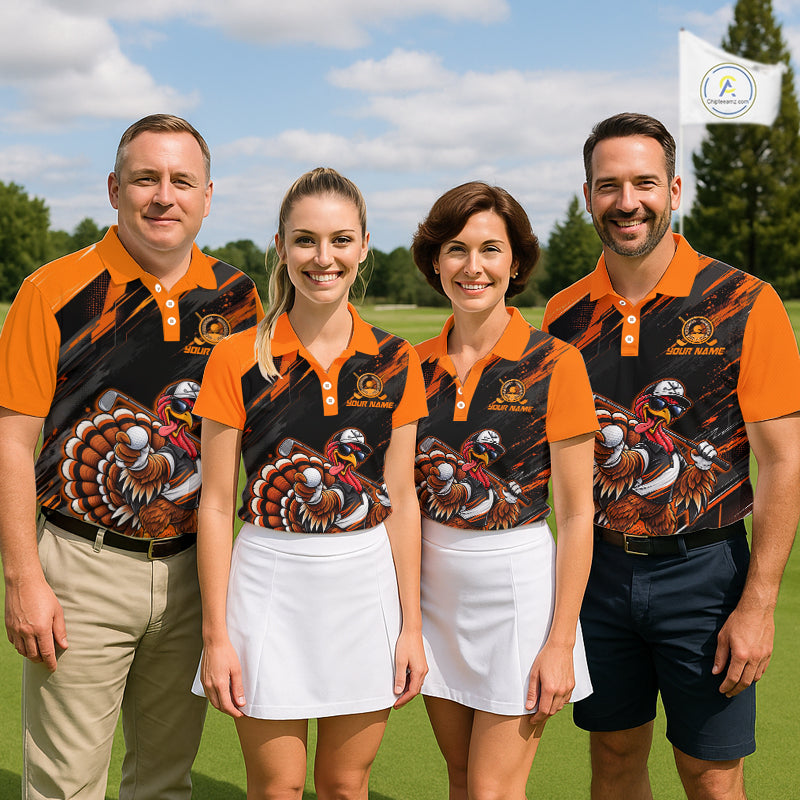 Custom Turkey Golf Polo Shirt, Funny Thanksgiving Golf Shirt, Orange Black Golf Team Apparel