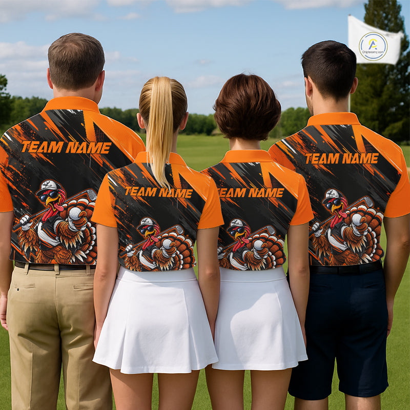 Custom Turkey Golf Polo Shirt, Funny Thanksgiving Golf Shirt, Orange Black Golf Team Apparel