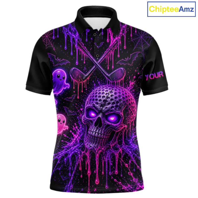 Custom Name Purple Pink Halloween Golf Polo Shirt, Spooky Neon Skull Ghost Golfing Apparel