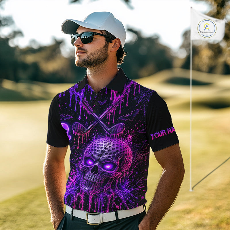 Custom Name Purple Pink Halloween Golf Polo Shirt, Spooky Neon Skull Ghost Golfing Apparel