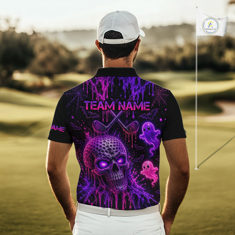 Custom Name Purple Pink Halloween Golf Polo Shirt, Spooky Neon Skull Ghost Golfing Apparel