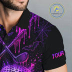 Custom Name Purple Pink Halloween Golf Polo Shirt, Spooky Neon Skull Ghost Golfing Apparel