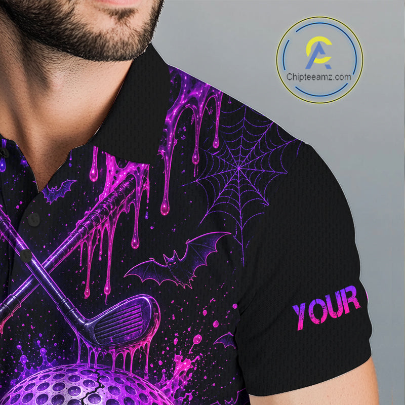 Custom Name Purple Pink Halloween Golf Polo Shirt, Spooky Neon Skull Ghost Golfing Apparel