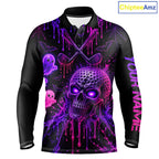 Custom Name Purple Pink Halloween Golf Polo Shirt, Spooky Neon Skull Ghost Golfing Apparel