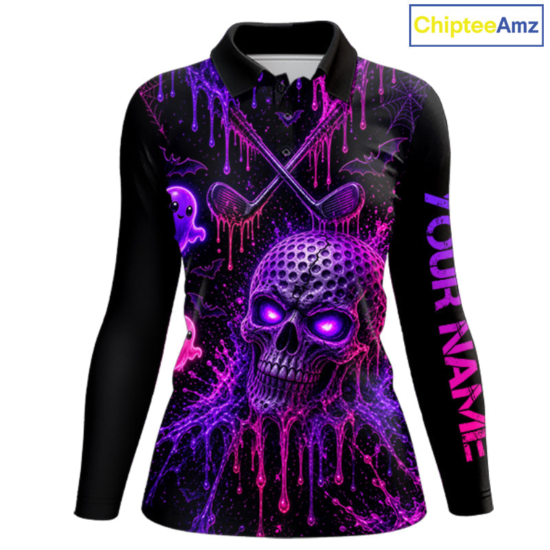 Custom Name Purple Pink Halloween Golf Polo Shirt, Spooky Neon Skull Ghost Golfing Apparel