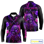 Custom Name Purple Pink Halloween Golf Polo Shirt, Spooky Neon Skull Ghost Golfing Apparel
