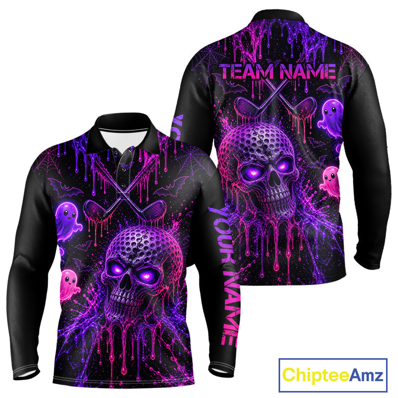 Custom Name Purple Pink Halloween Golf Polo Shirt, Spooky Neon Skull Ghost Golfing Apparel