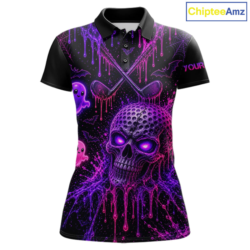 Custom Name Purple Pink Halloween Golf Polo Shirt, Spooky Neon Skull Ghost Golfing Apparel