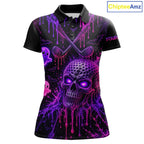Custom Name Purple Pink Halloween Golf Polo Shirt, Spooky Neon Skull Ghost Golfing Apparel