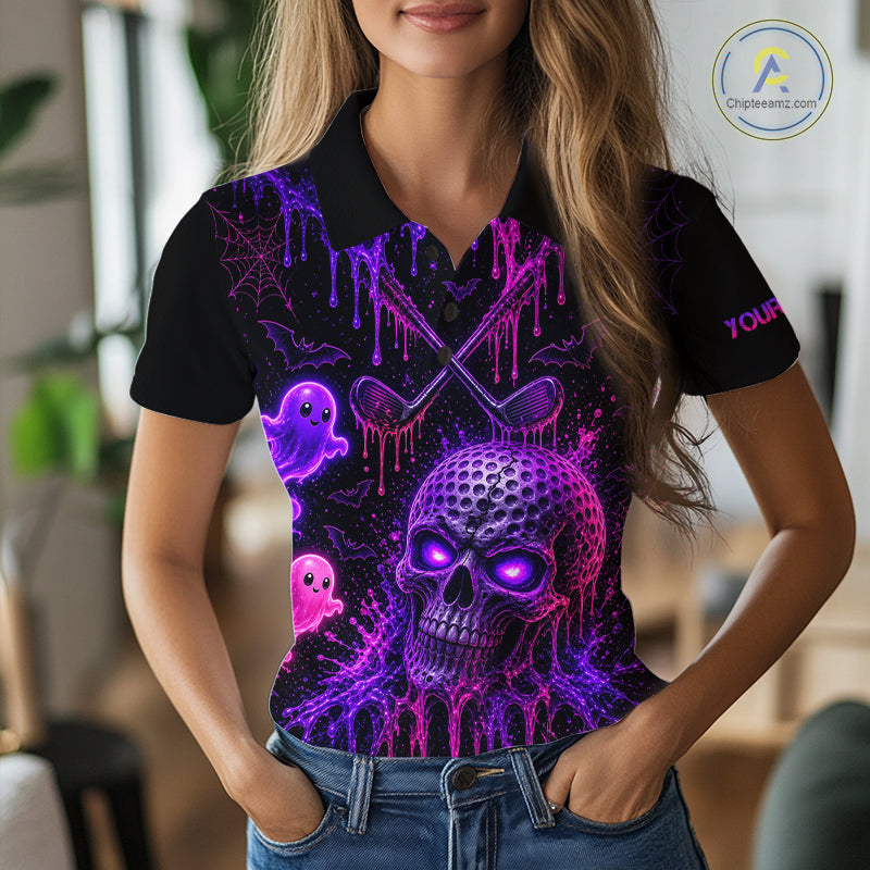 Custom Name Purple Pink Halloween Golf Polo Shirt, Spooky Neon Skull Ghost Golfing Apparel
