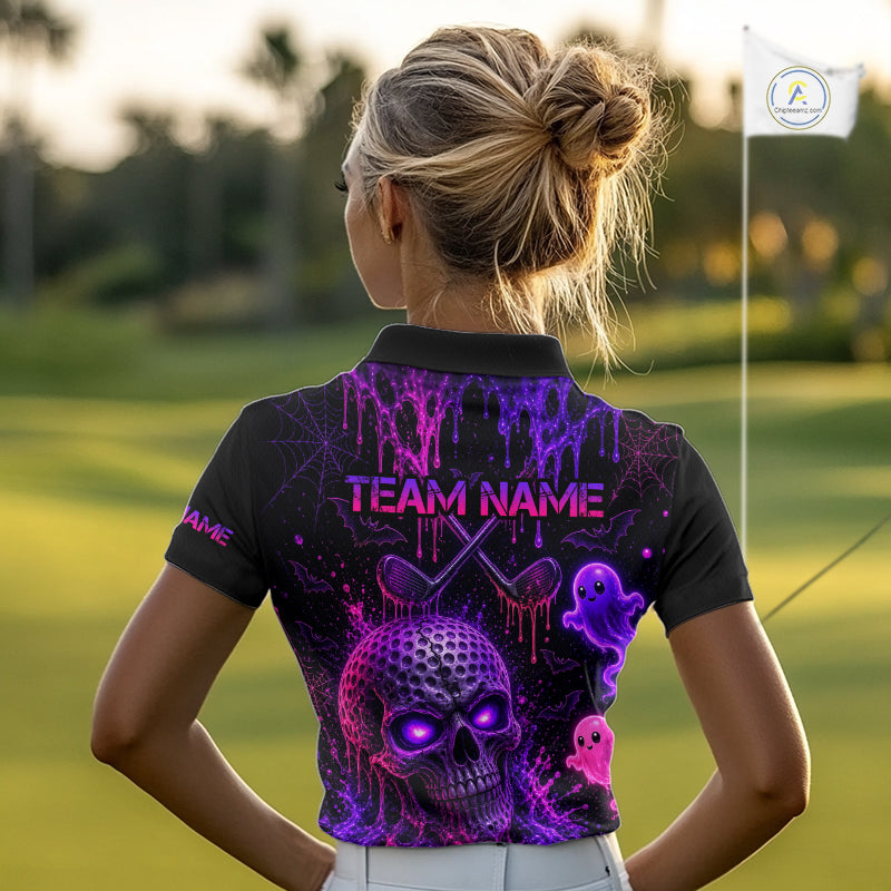 Custom Name Purple Pink Halloween Golf Polo Shirt, Spooky Neon Skull Ghost Golfing Apparel