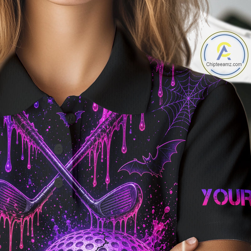 Custom Name Purple Pink Halloween Golf Polo Shirt, Spooky Neon Skull Ghost Golfing Apparel