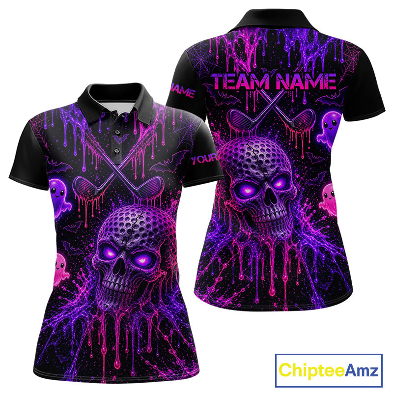 Custom Name Purple Pink Halloween Golf Polo Shirt, Spooky Neon Skull Ghost Golfing Apparel